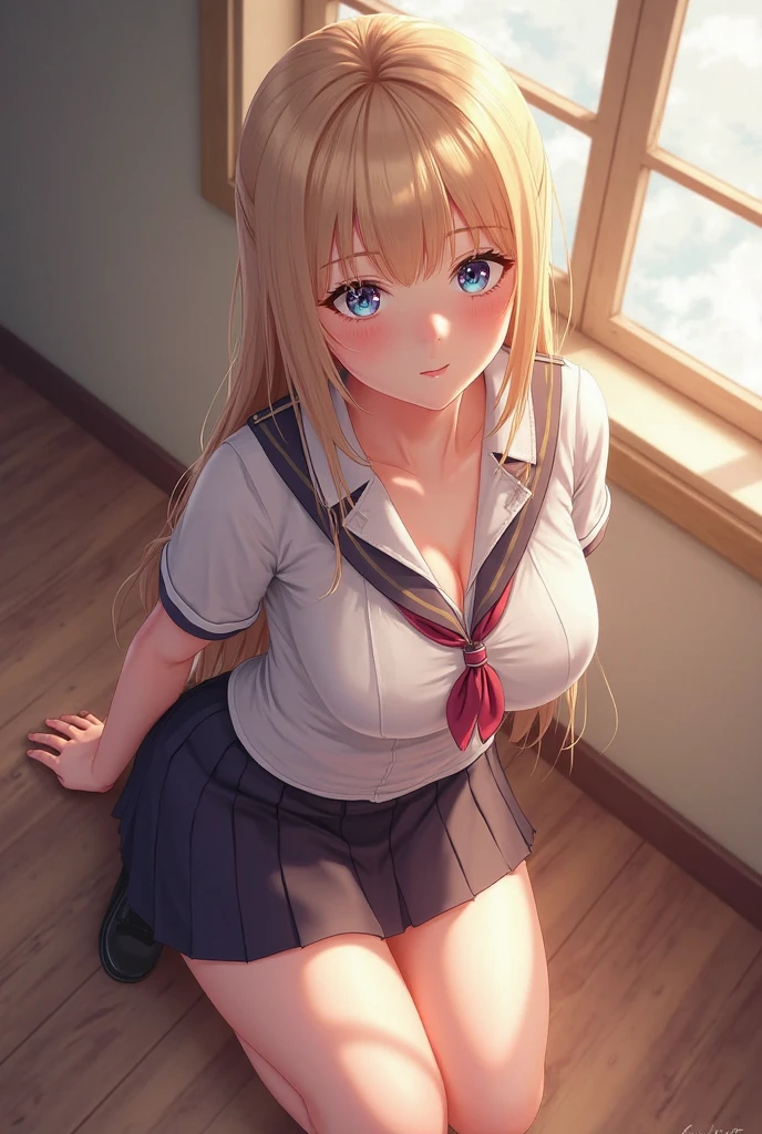 A blonde girl standing at the door,((masterpiece、best quality、Super detailed))、A girl、gal、Blonde、pink gradient、long hair、curls、Light blue eyes、Evil smile、((Open your mouth and stick out your tongue))、Medium breasts、((White shirt))、Short sleeve、black tie、((Black pleated skirt))、Cowboy shooting、((bend over:1.2))、Shooting from the front,indoor,(Outside the door),corridor,Warmth
