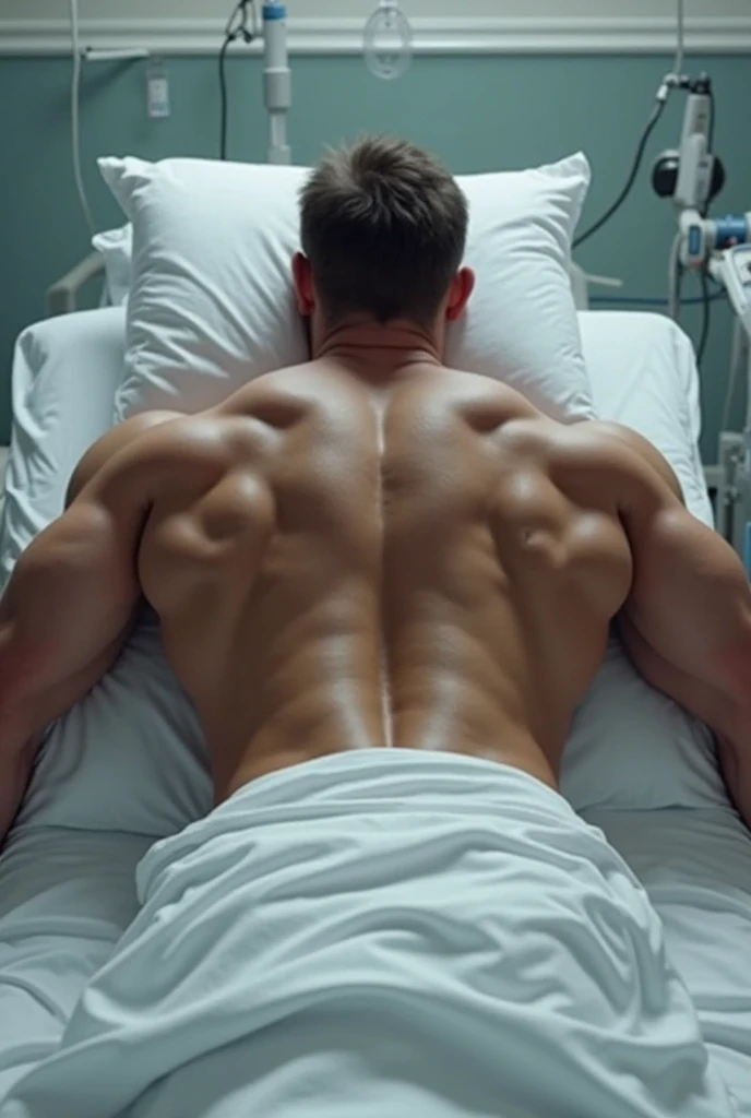 a young man, with his eyes closed, massively muscular, with massively large muscles, with massively large biceps, with massively large arms, shirtless, wearing a mask covering his face, lying on a hospital gurney, on a background black and dark with a very strong green light, seen from very high