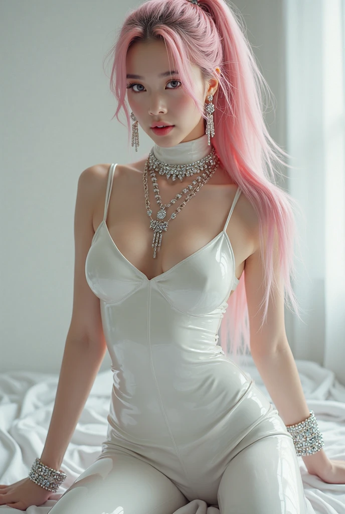 1 girl, Korean model, extremely beautiful, perfect body. Photo taken with Canon EOS R5 85mm f/11 Camera, ((sharp)) mode of people and surrounding scenery. Image quality ((8K)), ((lifelike)), ((masterpiece)), ((sharp and highest contrast)), ((great depth of field)), ((light stereolithography)). ((Pink hair)), long and smooth, the wind blows it beautifully under the bright sunlight. Beautiful face, perfect and sexy, holy, perfectly balanced, ((beautiful in every detail)), ((shiny)), ((high-end cosmetic makeup)), ((shiny bright, radiant)). Bright smile, pure white teeth and details. Seductive glossy red lips, ((brilliant glossy red lipstick)). The eyes are brown, glossy, seductive, ((sharp makeup)), realistic, ((wet eyes)) and detailed. Pink eyeshadow, long eyelashes, blush, high-end cosmetics. Two delicate eyelids, perfectly beautiful and detailed, black eyelashes. Eyebrows are curved, sparse, sharp and detailed. High and detailed nose. Cheeks are prominent and detailed. ((Ivory white, bright white skin)), detailed pores, ((shiny skin)), smooth, rosy, flawless skin texture. Long, shiny legs. Beautiful, perfect hands, ((no flaws)). ((Light shines directly on the face)), bright sunlight, ((shines light on the front part of the girl's body)).
Wear earrings, necklaces, belts, ((thin shirts)), ((shiny leather skirts)), high heels, bracelets.
Background: cathedral, car, tank