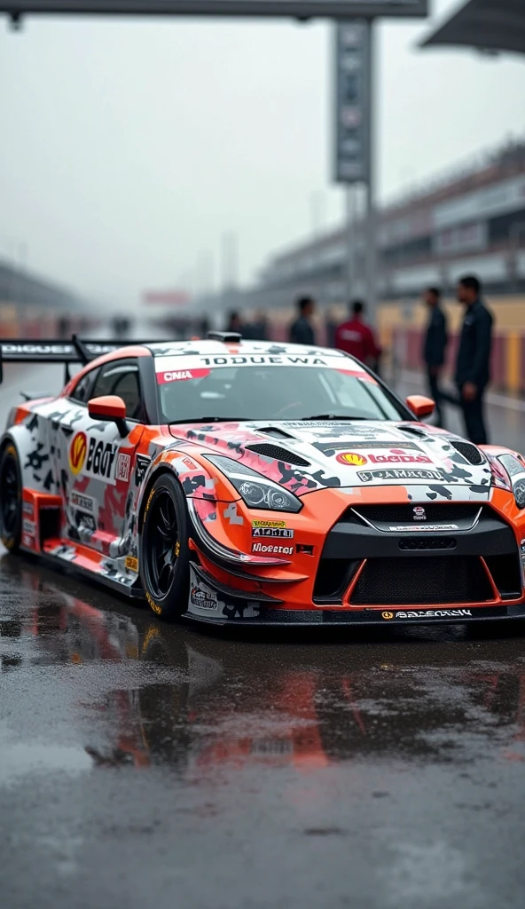 CALCONIC on the track and a large crowd, gtr xu1, Ultra Wide,  Happy!!!, Wide Full Shot, Full body wide body、Rainy weather、Blue body color、Tension、lighting,IMPAL,Number 12