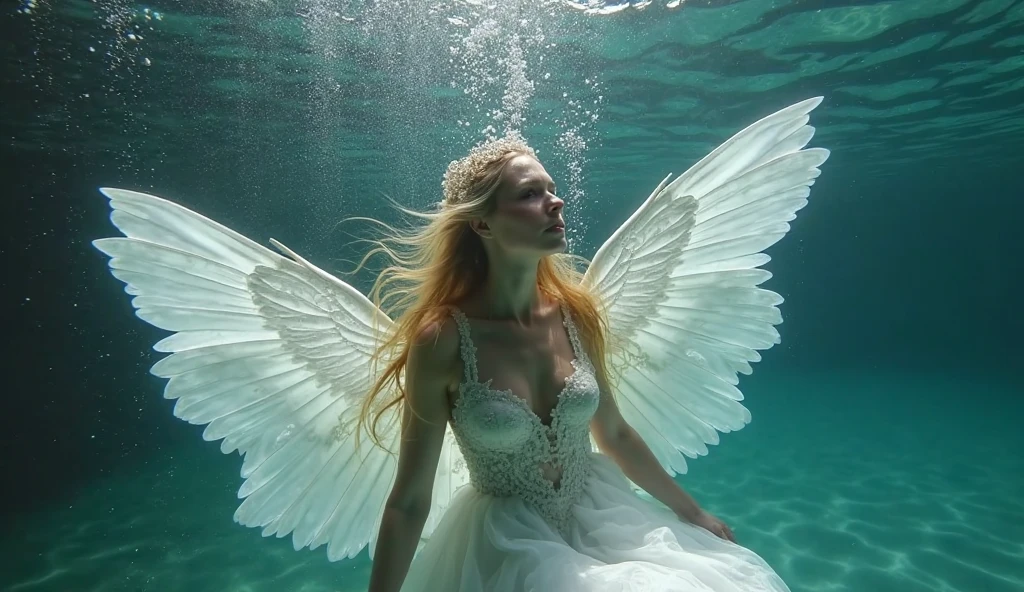 Prompt: “A fish with iridescent wings swimming in the deep sea, leaping out of the water and soaring through the air, resembling a celestial angel, capturing the enchanting Aquaris Seraphim.”