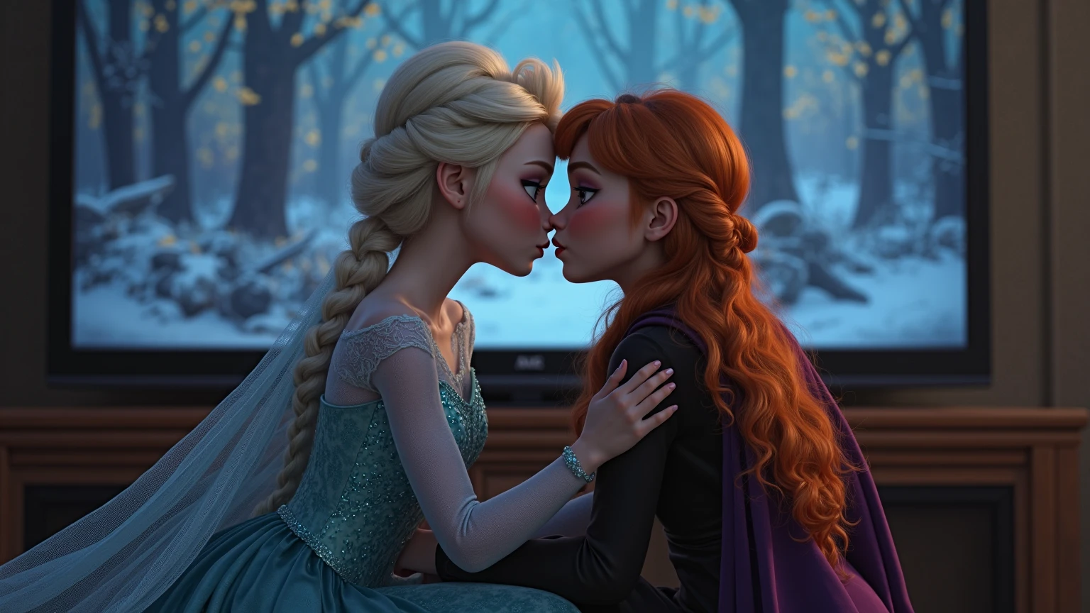 A stunning portrait of Elsa and her sister Anna kissing, French kissing, tongues touching, they are kissing, young and beautiful, hyper realistic, real portrait, backlit, exquisite features, cleavage, Elsa is showing her vagina to Anna and asking her to lick her vagina, she is inserting his fingers in her vagina under her skirt, she is fingering her, Elsa is in ecstasy, (anna has red hair)