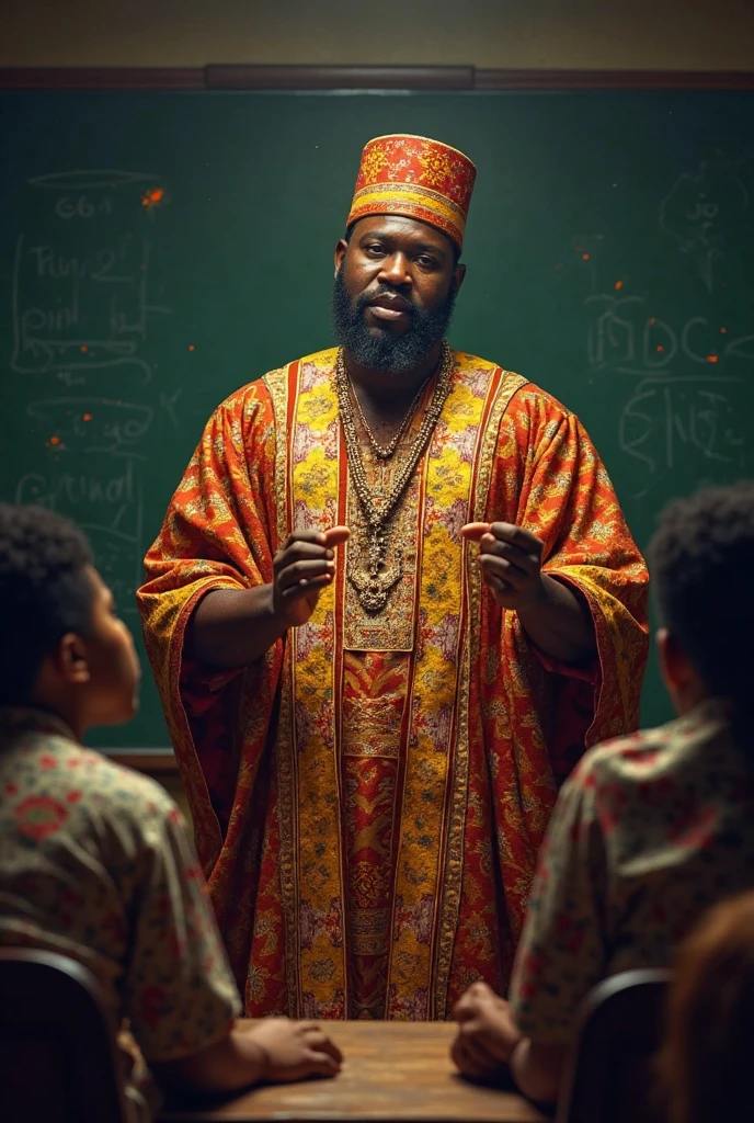 A ruthless, big bellied Nigerian political king maker with big eye balls,wearing agbada and Yoruba Fula looking mean shoutiing angrily  with other big bellied politicians wearing agbada , and Igbo and Hausa traditional attire and Yoruba and Hausa caps laughing I sheepishly  bowing to him on his left and right hand side in a big modern city hall sitting on a large sophisticated round table 
