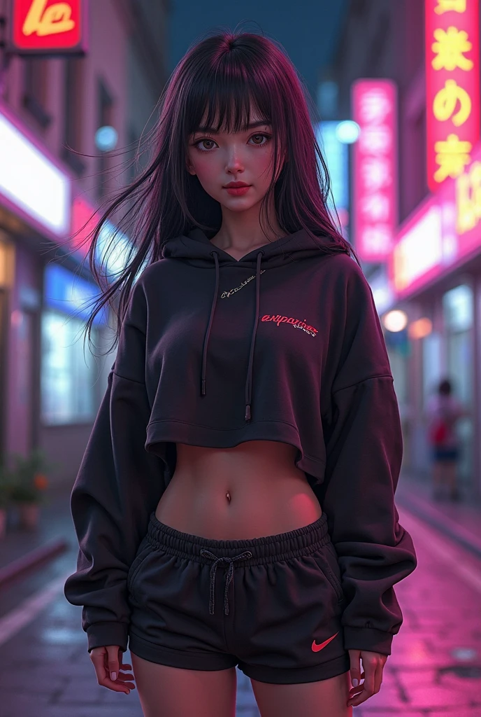 Anime girl,nude,with long boots, on street, no underwear, wearing a normal hoodie, long hair, realistic big boobs and ass,nude,Infront of the screen ,no panties, smile
