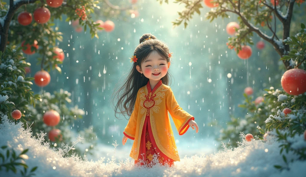 (Masterpiece),(Need),(Super meticulous),(all over the body:1.2),(A 4 year old boy,with long black hair,White clothes fluttering,Hanfu,Laugh,Stand on a cliff,Below is the Yangtze River,fall,Falling leaves,Chibi T-Shi
