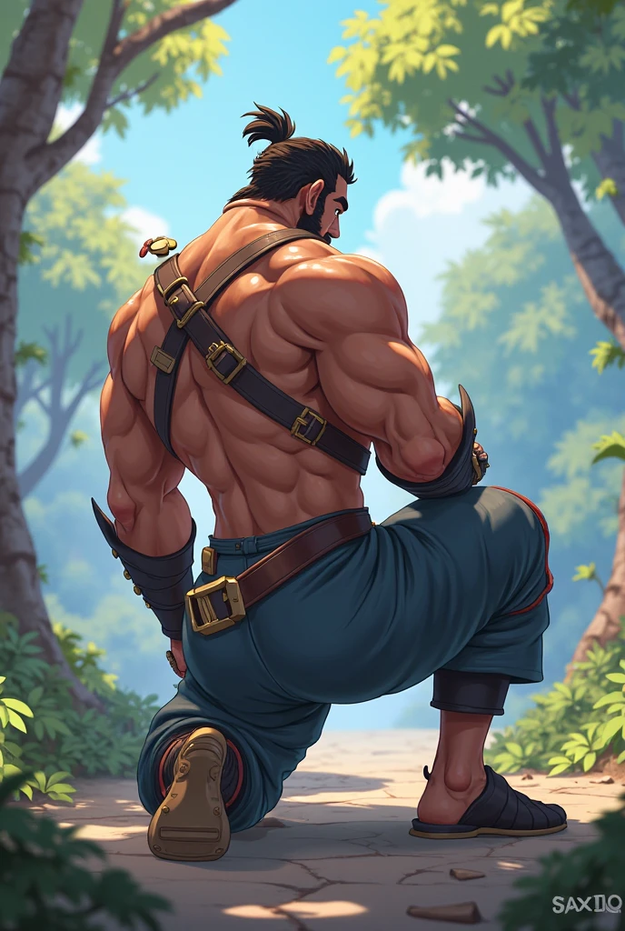 Masterpiece, Best Quality, Ultra-Detailed, 1man, mature male, 28 years old, big, strong, hunk, bara, jock, large shoulders, large chest, abs, huge biceps, huge arms, huge forearms, beard, thick beard, full beard, beautiful eyes, detailed eyes, very beautiful eyes, green eyes, A muscular, imposing warrior with a physique reminiscent of a samurai. He wears a traditional sleeveless gi with a soft white color, allowing his powerful arms to be fully visible. The gi has an open neckline, revealing part of his chest and shoulders, emphasizing his strength. Around his waist, a wide navy-blue sash is tied, decorated with golden details, securing a flowing fabric that hangs down below the belt. This sash resembles an obi and features a gold ornament at the front, possibly a brooch or charm. He carries two swords in black and gold sheaths at his waist, one of which he holds firmly in his hand. The blade of this sword emits a glowing purple light, hinting at its magical properties. His hair is short, black, and stylishly cut, with dark sides, giving him a modern and commanding appearance. The setting around him evokes a sense of calm and strength, with cherry blossom petals gently falling in the background. Despite the peaceful surroundings, the glow of his sword suggests he is always ready for battle.