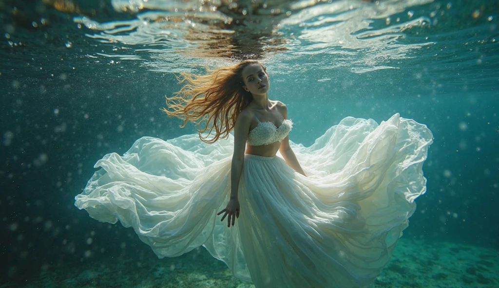 sleep, an artwork of a woman in white dress and flowing white hair under water, 1 girl, dress, Underwater, alone, Long Hair, Brown Hair, air bubble, barefoot, bubble