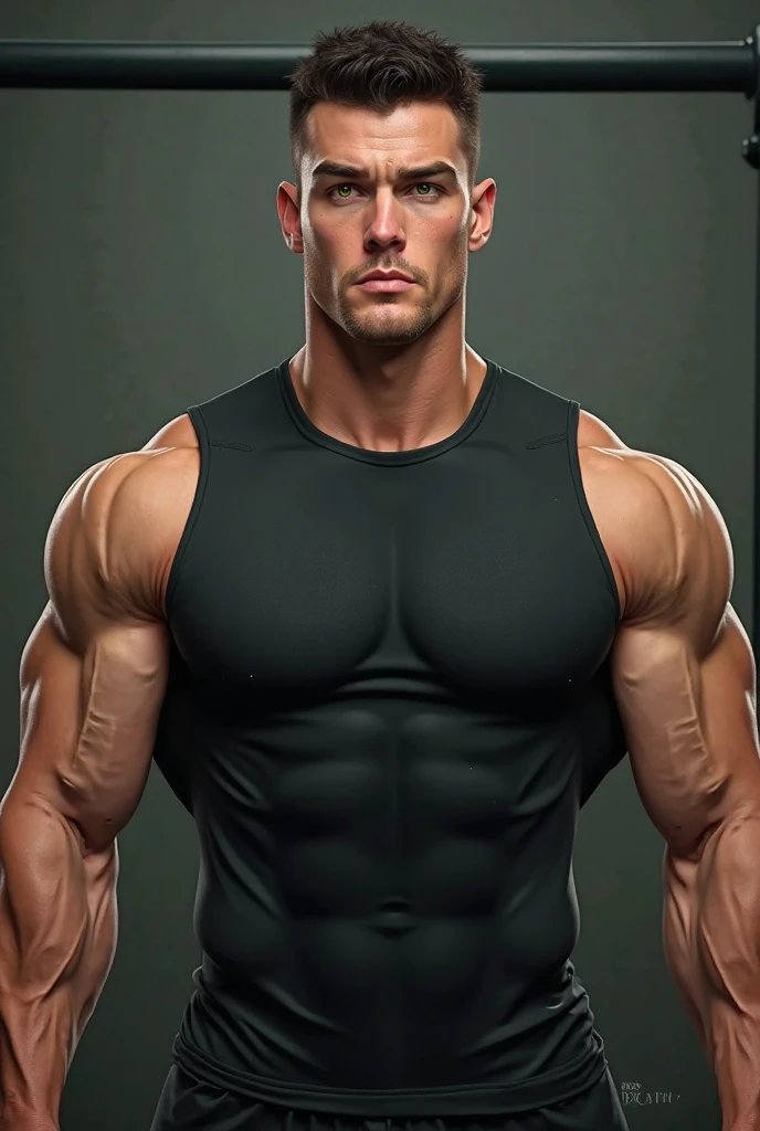 a very handsome young man, massively muscular, with massively large muscles, with massively large biceps, with massively large arms, wearing a simple gray shirt with long sleeves, on a black background