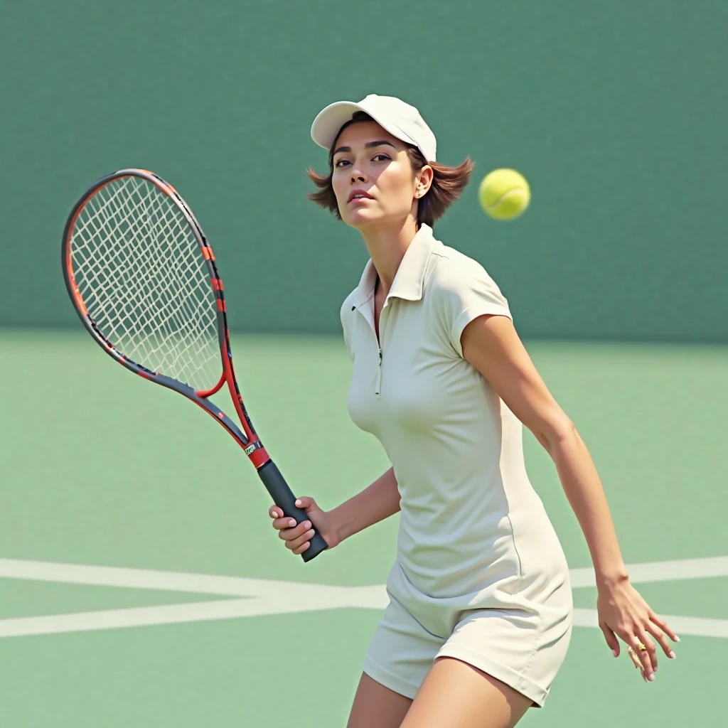 Create beautiful tennis woman (best quality) with thick legs and big butt (super detail), with torn red blouse, and short white skirt, the woman has a beautiful body, perfect physique, beautiful breasts and navel, with the racket in her hand hitting the ball