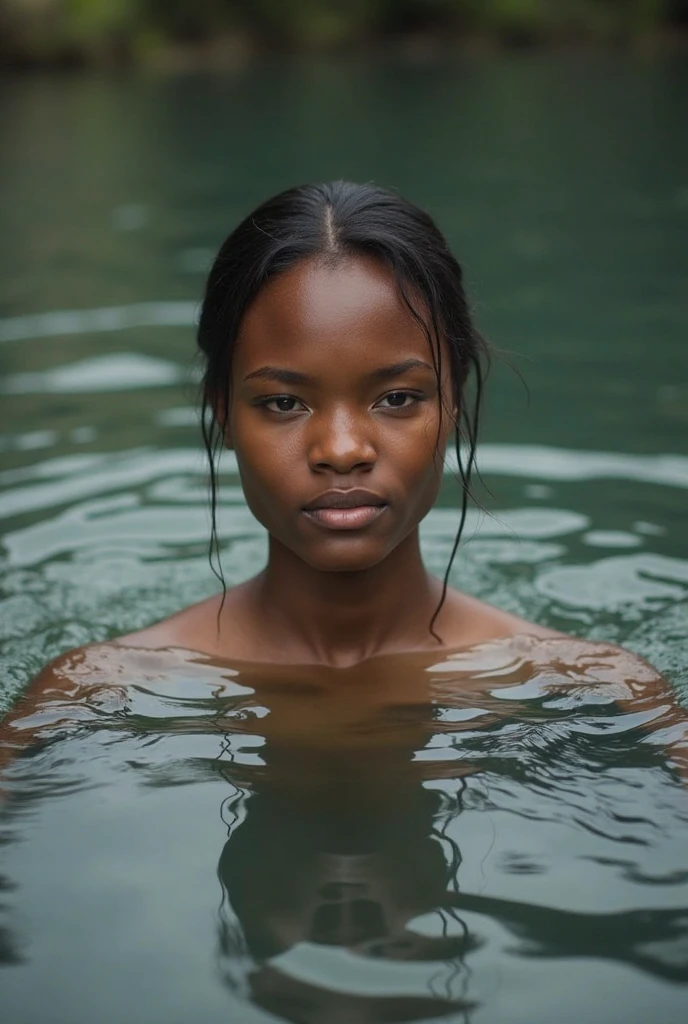 1 young beautiful ebony woman with honey eyes and short hair, (((pixie cut))), chubby, beautiful figure, (off shoulder oversized black wetshirt in a river), ((upper body selfie, devil_smile)), (chilly skin), masterpiece, best quality, super detailed, solo, outdoor, (night), mountains, nature, (stars, moon) cheerful, happy, forest, rocks, river, tree, shadows, contrast, clear sky, analog style (viewer look: 1.2) (skin texture) (film grain: 1.3) , (warm tint, warm tone): 1.2), close-up, cinematic light, side lighting, ultra-high resolution, best shadow, RAW