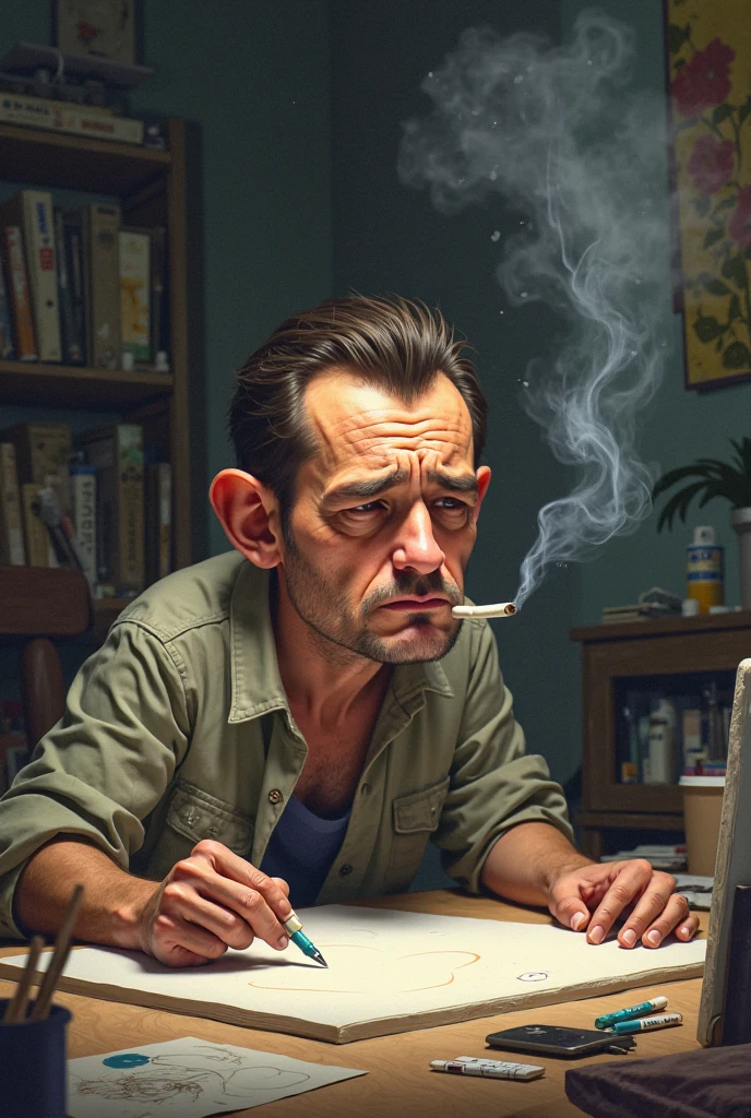 A middle-aged man in his 40s, smoking cigars, chinoises, manga, Hayao Miyazaki