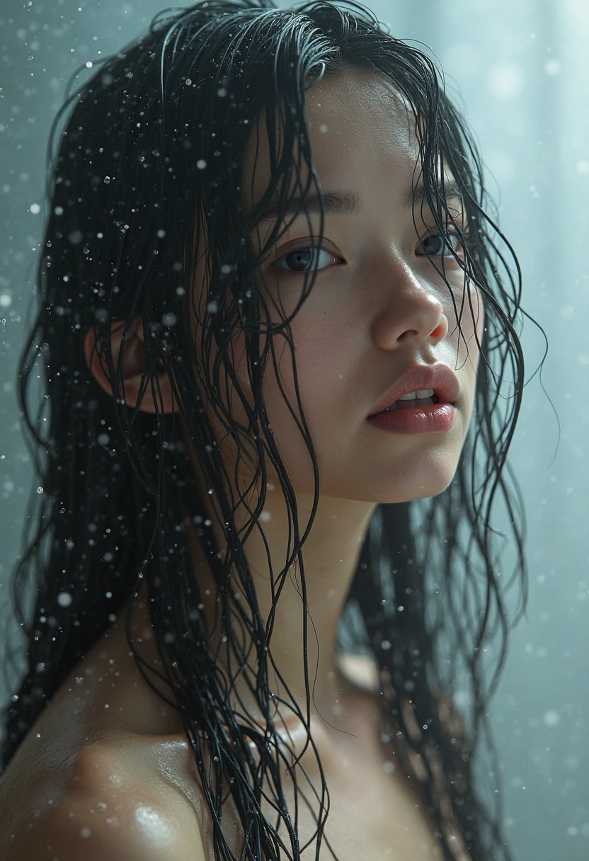 Best picture quality, masterpiece, ultra high resolution, (fidelity :1.4), photo, 1 girl,[(sadness)],white shirt, Dim, dark, desperate, pitying, pitiful, cinematic,tear,teardrop,(Torn clothes:1.5), (Wet clothes:1.4), bare shoulders,Real rain,wet hair,..