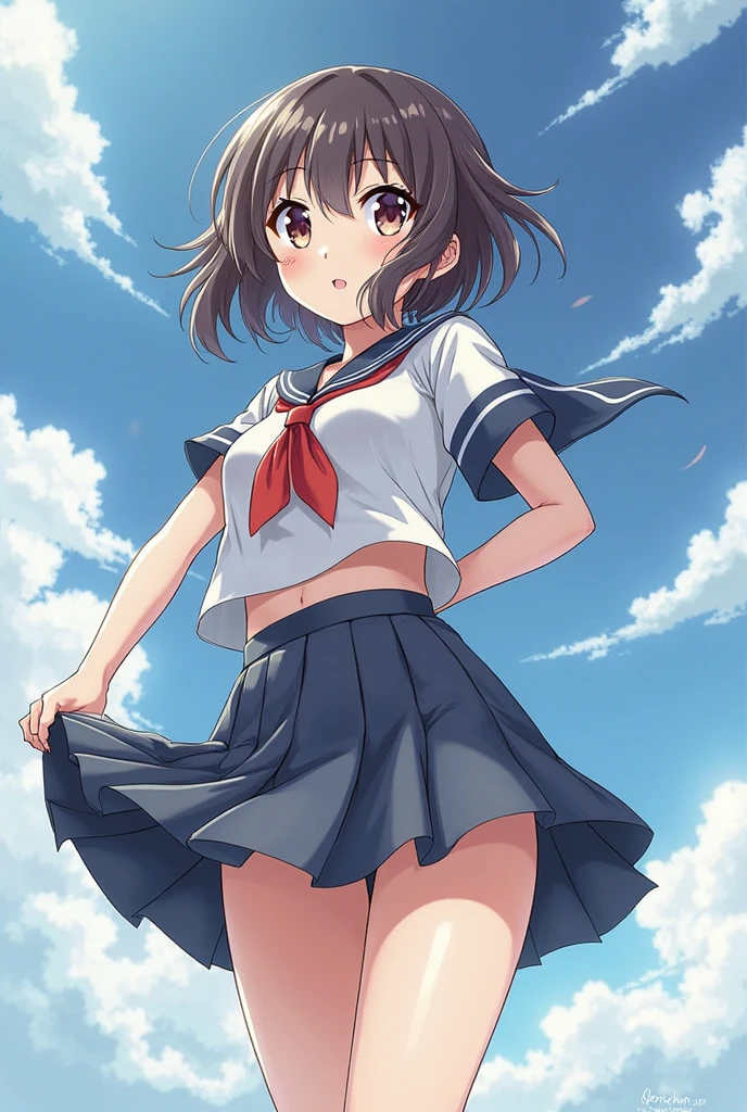 ((Highest quality)), ((masterpiece)), (detailed),1People Girls、 NSFW、Frozen dessert、Chitanda El、神Mountain高校の制服、Mountain、countryside、Simple、lure、skirt((Raise it yourself、White panties))