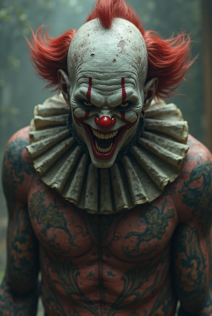 A muscular firefighter, wearing a fireman hat with uniform wearing a scary clown mask, with the head on fire, wearing a white tank top and with tattoos on his arm, with very large round very matte red glasses, with a red spinning saw on his back