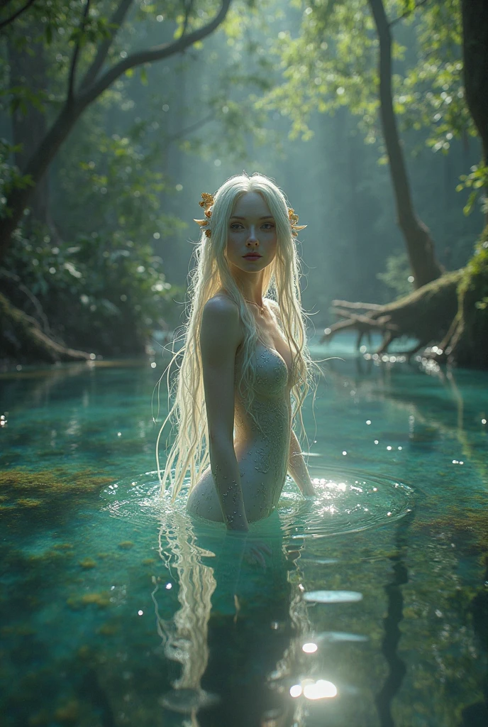 1 Adult woman of 35 years old Bathing in a Lake. wet, wet body, transparent wet elf outfits, long dresses, body covered by her long hair, detailed faces, detailed blue eyes, sensual look, flirting face. seductive pose, squatting, white hair, wet hair, hair soaked with water, loose hair, puddles of water, elf ears, Bathing in Water, 6:30 am Dawn, Surrounded by (*Forest and Butterflies). Side image. perspective from behind.