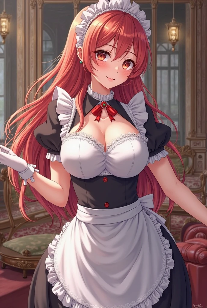 (masterpiece、top-quality、hight resolution), Picture a scene in which the protagonist is entertained by a kind, receptive, and abundantly experienced maid of honor. The maid of honor has a natural warm smile on her face, which conveys her wealth of experience and security. She is dressed in traditional chambermaid's clothing, creating a sense of calm and security. In the background is a comfortable and elegantly decorated room, emphasizing the cozy and relaxed atmosphere. The maid of honor serves with grace and care, making the hero completely relaxed and cared for. The maid of honor's main focus is to ensure the comfort of the protagonist, which is evident in her every action and facial expression.