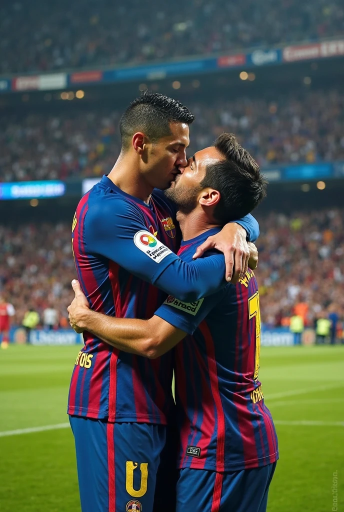 Cristiano Ronaldo giving Messi a kiss