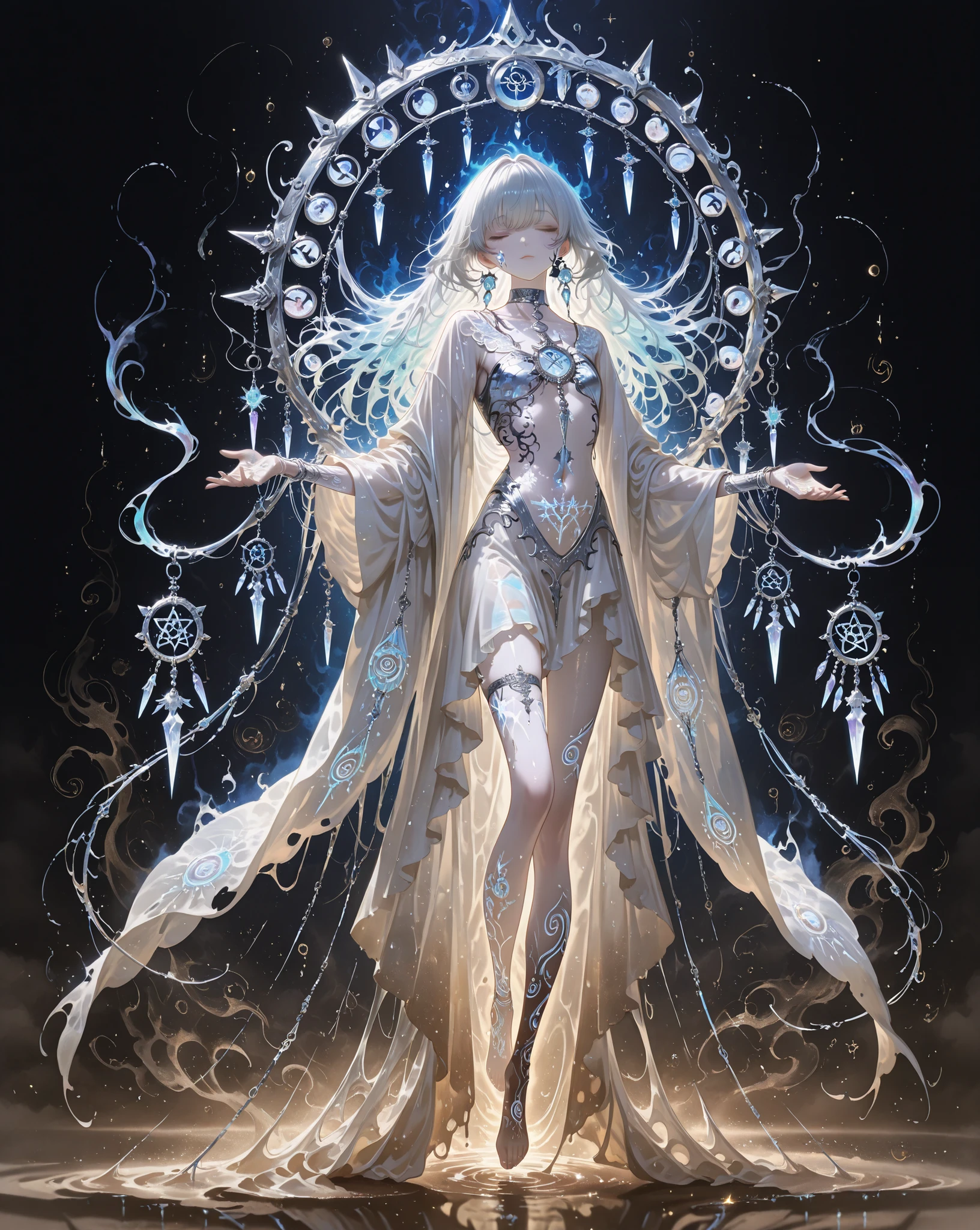 mestra, natural lighting, noite, sombras perfeitas, Ray Tracing, imagem detalhada, perfect human anatomy, to be ethereal and androgynous wearing long veils, fluid and translucent, layered clothes floating, pale skin like porcelain with a bluish tint, closed eyes with dry tear marks carved on the cheeks, floating runes orbiting her arms, circular metal piece embedded in the neck with a thin thread disappearing on the chest, dreamcatcher symbol inverted and broken, delicate silver threads and strings hanging with silent bells, serene expression, aura misteriosa , fog following in its footsteps, fine sand particles floating around the face, shiny fractal tattoos moving across the body, ambient light in soft shades of blue and violet, surreal landscape background with blurry shapes and mutable geometry, fantasia escura, movie lighting, high level of detail, arte conceitual, Full body portrait, 4k, ultra detalhado, dark and ethereal atmosphere