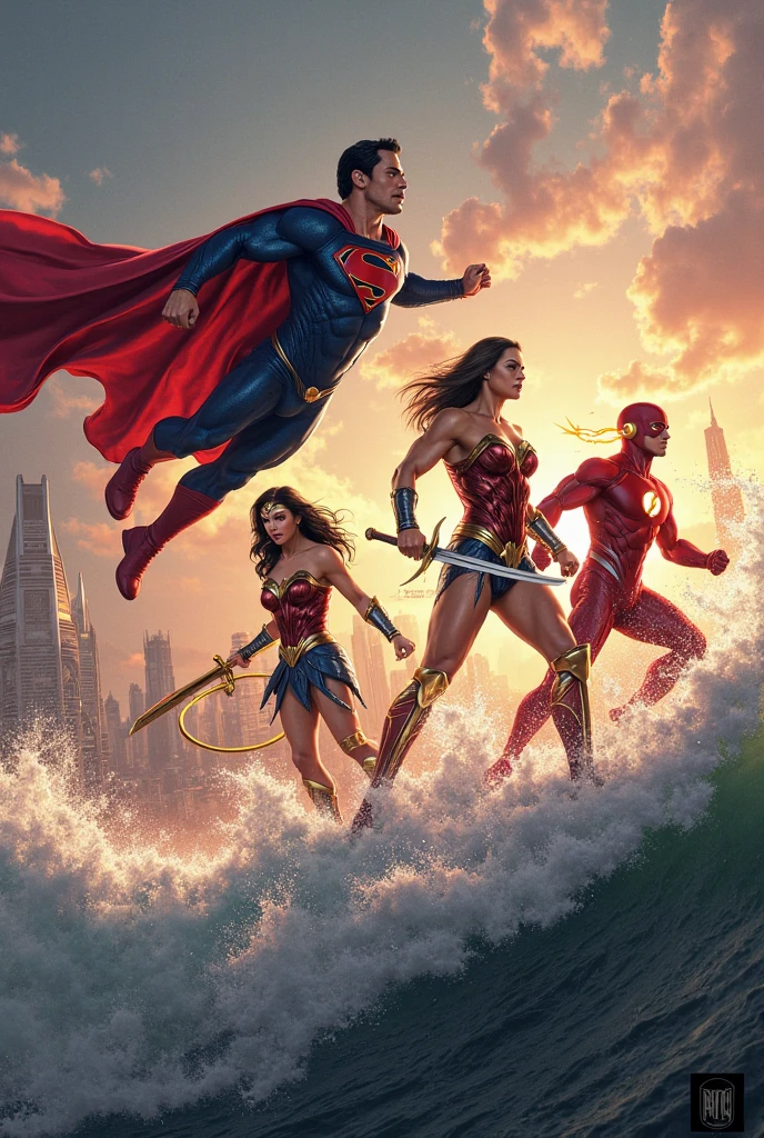 Superheroes are playing volleyball on the beach, DC's Justice League vs Marvel's Avengers, 5 players per team, relaxing super costumes