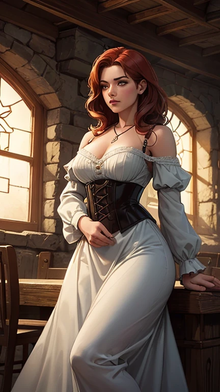 a gorgeous woman wearing a white silk shirt with a deep v neck, brown leather miniskirt, and a belt, cinched waist, dramatic lighting, photorealistic, high fashion editorial, corset, red hair, huge breasts, purple eyes, black makeup, crimson lips, looking at camera