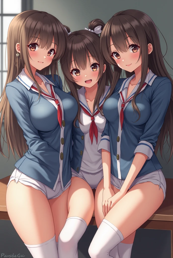 ((masterpiece, highest quality, High resolution, 超High resolution, Pixel Perfect, Written boundary depth, 4K, RTX, human development report))), , beauty、View the whole body、(masterpiece: 1.2, highest quality, masterpiece, Clearer images), (Bright colors), ((Take clear photos even from a distance)), (Multiple Girls), (harem), (School classmates), (((All school uniforms have the same design))), (((Everyone is wearing the same skirt design))), (((Everyone is wearing a swimsuit of a different color and design.))),((16 years old)), ((prostitution woman)), (In the classroom),((sitting on the desk))、((bright atmosphere))、(Have fun)，((youth))、(cute Japanese((6 girls))), (((Infant face))), ((Group shot)), (Group Selfie), Wide-angle, Soft Light,(((blazer uniform, Checkered pleated skirt)))、(Slightly larger breasts), ((prostitution)), ((viewers love it)), Landscape、(((show panty:1.6)))、((breast grab:1.3)),(((bra lift:1.2)))、 ((Green Eyes, Beautiful eyelashes, Realistic eyes)), ((Detailed face, blush:1.2)), ((Smooth texture:0.75, Vibrant Texture:0.65, Vibrant:1.1, Anime CG Style)), Medium breast, Perfect body, Beautiful curves、beautiful legs、thin、smile, attractive way to sit,((Squatting pose)), Aerith Gainsbourg, Hair Ribbon, bracelet, brown hair, Side Lock, Parted bangs, Green Eyes, Braid, ((()Award-winning design underwear))、(((Everyone wears different colors and designs of underwear.)))，show panty、((((open legs:1.4)))、((breast grab:1.3)),(((bra lift:1.2)))、one eye closed、stick out one crotch、Detailed depiction of the crotch、Knee-length white loose socks、(peace sign),(Selfie)