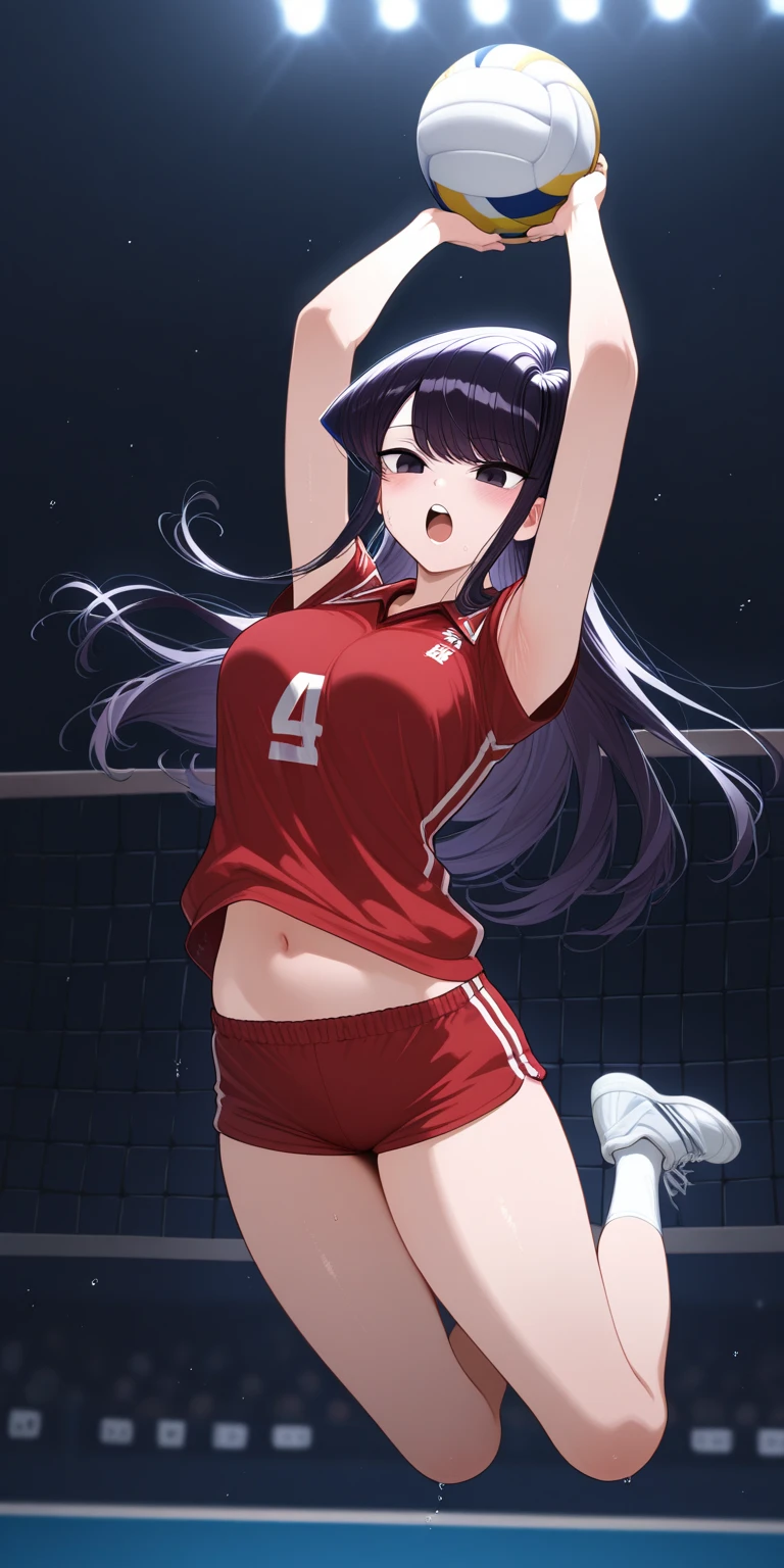 Chinese long hair teenager, king, brown eyes, wide lips, with lycra shorts with a tight-fitting sleeveless shirt with a volleyball ball, that he is in the high school volleyball gym
