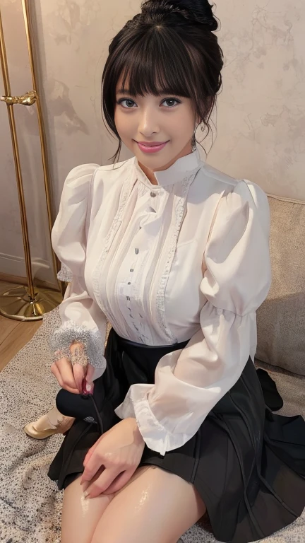 Best Quality, (A MILF:1.2), Sit on the bed, Put your hands on your head, short-hair, (huge-breasted), (pencil skirts:1.0), (tight lace blouse:1.0), Smile, (pantyhose:1.0)