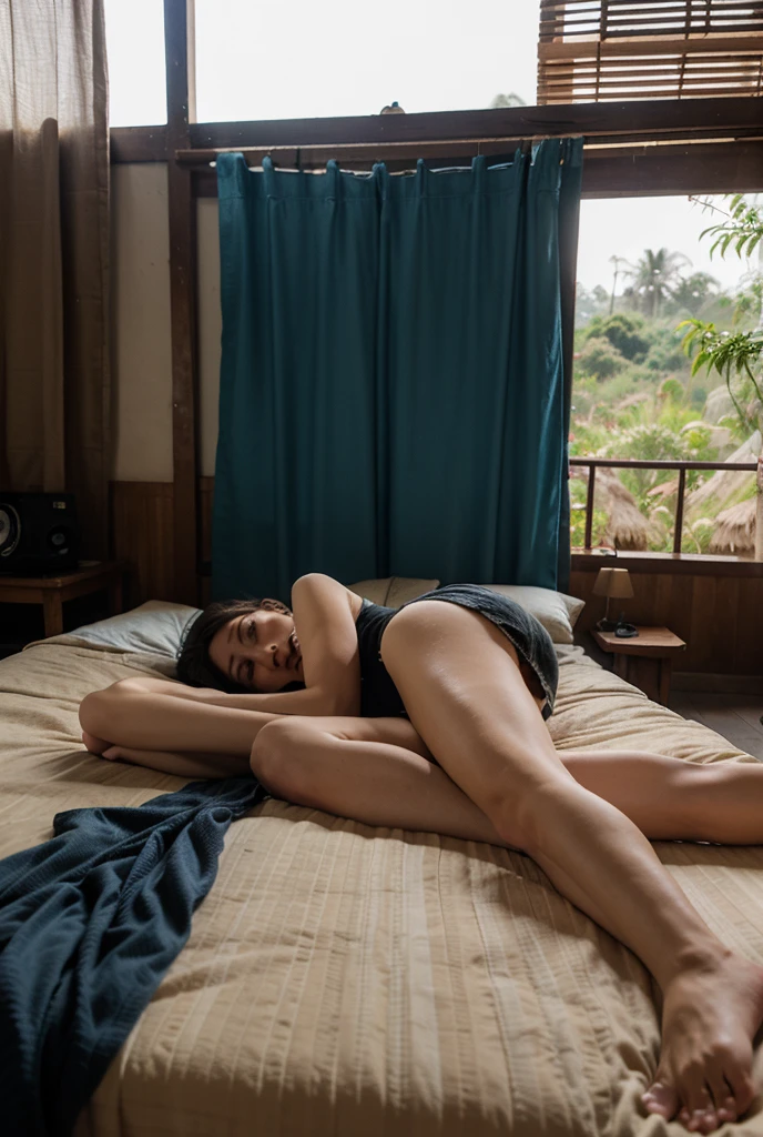 (Best Quality, Highly detailed, ultra-detailliert, High resolution, absurderes, 4K, 8K:1.2), (Official art, :1.3), Bust 100,waist 69,1 Japanese woman with 100 hips, (Curve:1.1), Dark hair, From the knee up, Back of head, Tranquil beach scene, Pristine white sand beach, Gentle sea waves, Vivid colors, Tropical environment, Ass, Lying, Back, from behind, foreshortening , Facing away, (Lying face down:1.2), On the sheet, View the ground, a picture