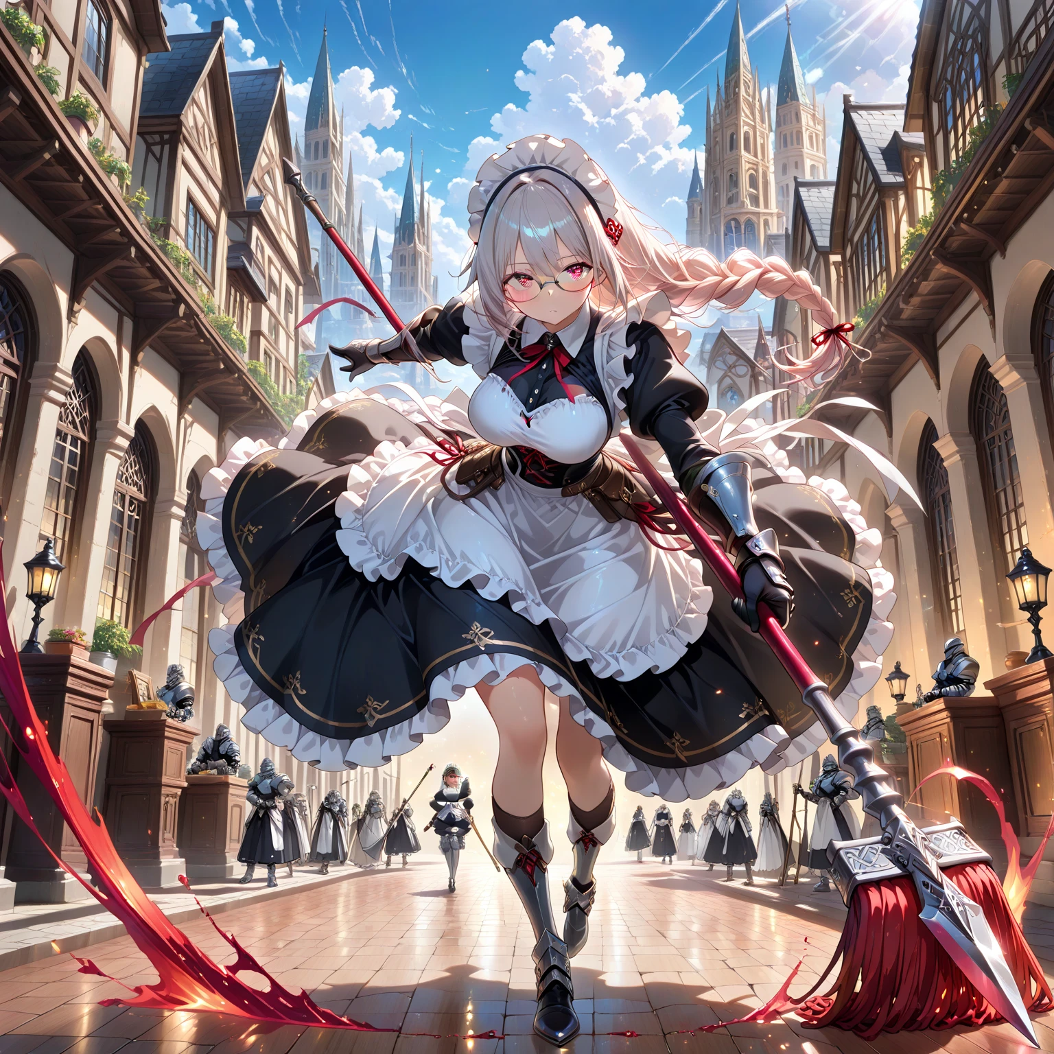 masterpiece, 1girl, disgust, white hair, hair up, braid, maid uniform, pantythose, knifes, assassin, victorian, london, outdoors, seen from below <lora:HerrscherAGGA2023_Kuroboshi_Kouhaku_Style_V1:0.8>