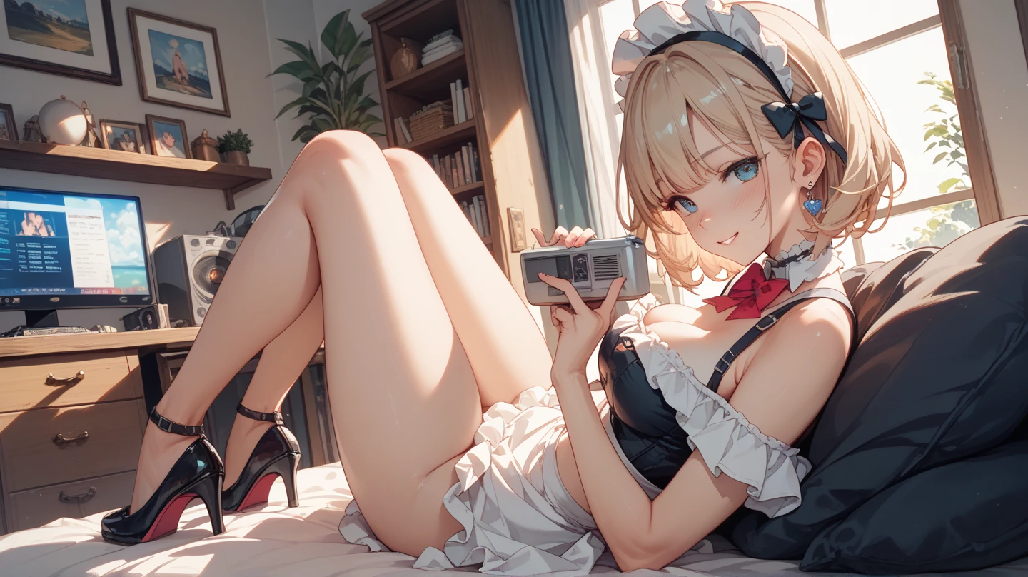 Masterpiece, highest quality, high resolution background, bright and beautiful atmosphere, 3 girls (2 years old, 1 short-tempered round face), 1  (hair, surface effects), small breasts, my room, small room, On the bed, a girl sitting on the bed, a girl holding a smartphone in one hand and looking at the monitor, a dating magazine placed on the bed, "deltamon_sdXL :0.73) >Deltamon