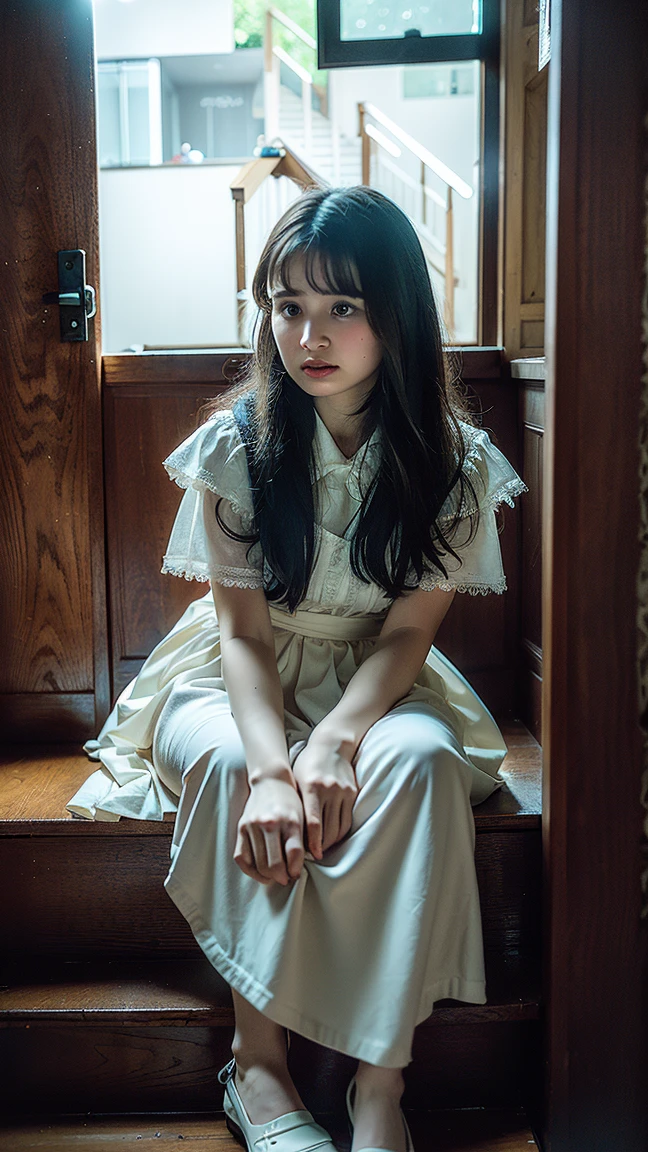 Cartoon girl with long hair and white dress, Pale Young Ghost Girl, yume nikki, The ghost of a girl, Nico in white dress, loli in dress, junji ito 4 k, made with anime painter studio, mysterious girl, haunted and sad expression, digital art from danganronpa, haunted sad expression,bloods