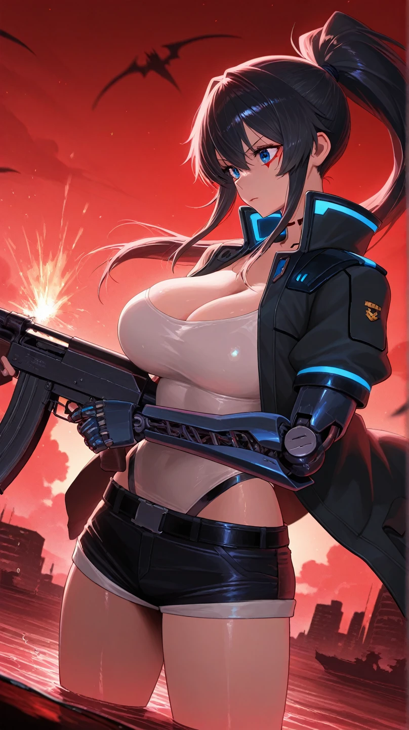 ((1 lady))、ultra-detailliert, Top image quality, digitial illustration, Seductive Anime Girl, Glossy realistic skin texture、Meticulously drawn hair, Meticulously drawn eye, Sharp Focus, Precise human body structure、Smooth texture、((Combative posing:1.5)), ((fighting stance))、((Holding a Heavy artillery:1.6, armament:1.3))、((bazooka, gatling gun, rocket launcher))、((dynamism:1.3))、((dynamic angle:1.2))、((Hover effect:1.4)), ((Being in battle field))、seductive smile、((latex micro bikini:1.3 crop top:1.3))、((Leather-glove))、((sleeveless))、((cleavage:1.3))、((crop top navel))、((highleg:1.3))、((huge breasts:1.3))、((huge hip:1.3))、((thick thighs))、curvy、((collarbone))、((cameltoe))