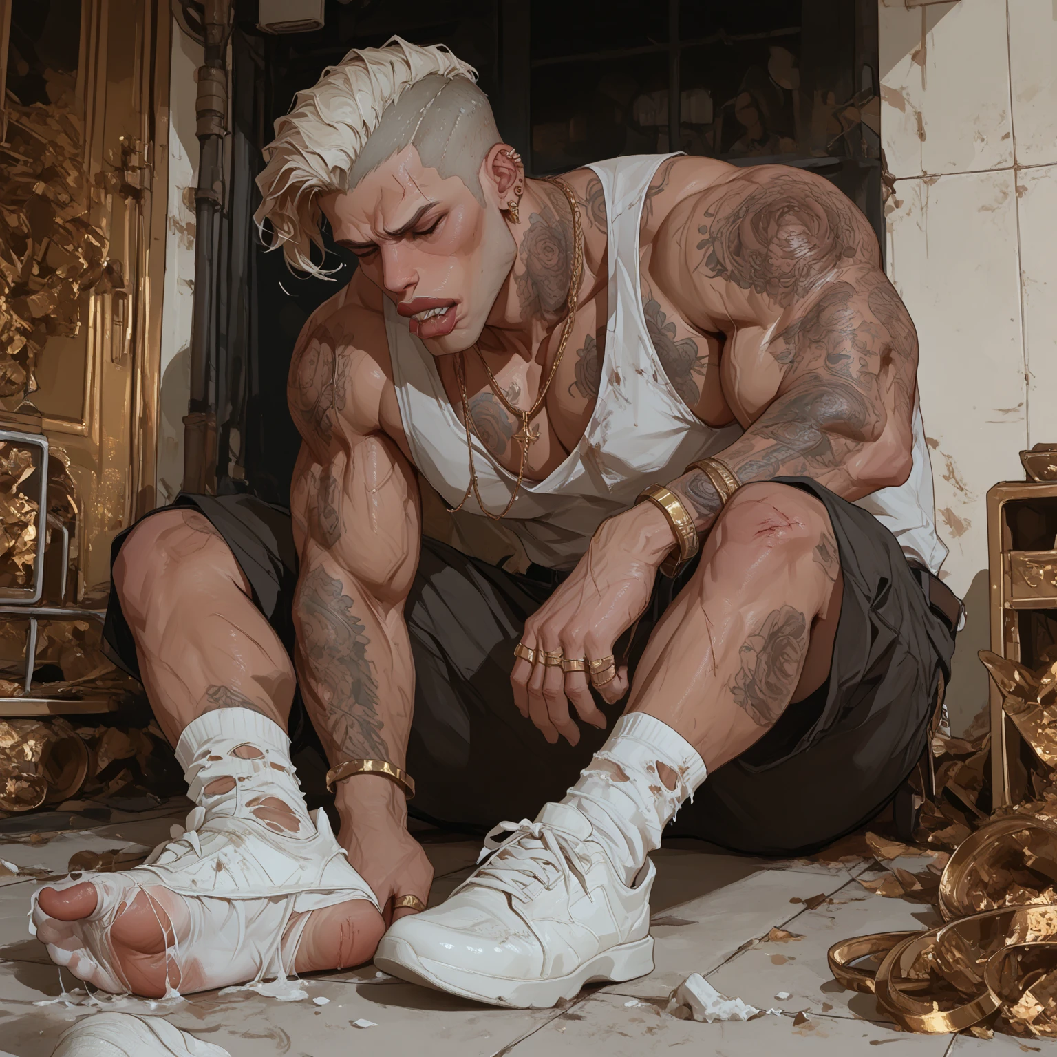 handsome shirtless manly man squatting, view from below, skinhead, best quality, <lora:AQMLORA-V5:1>