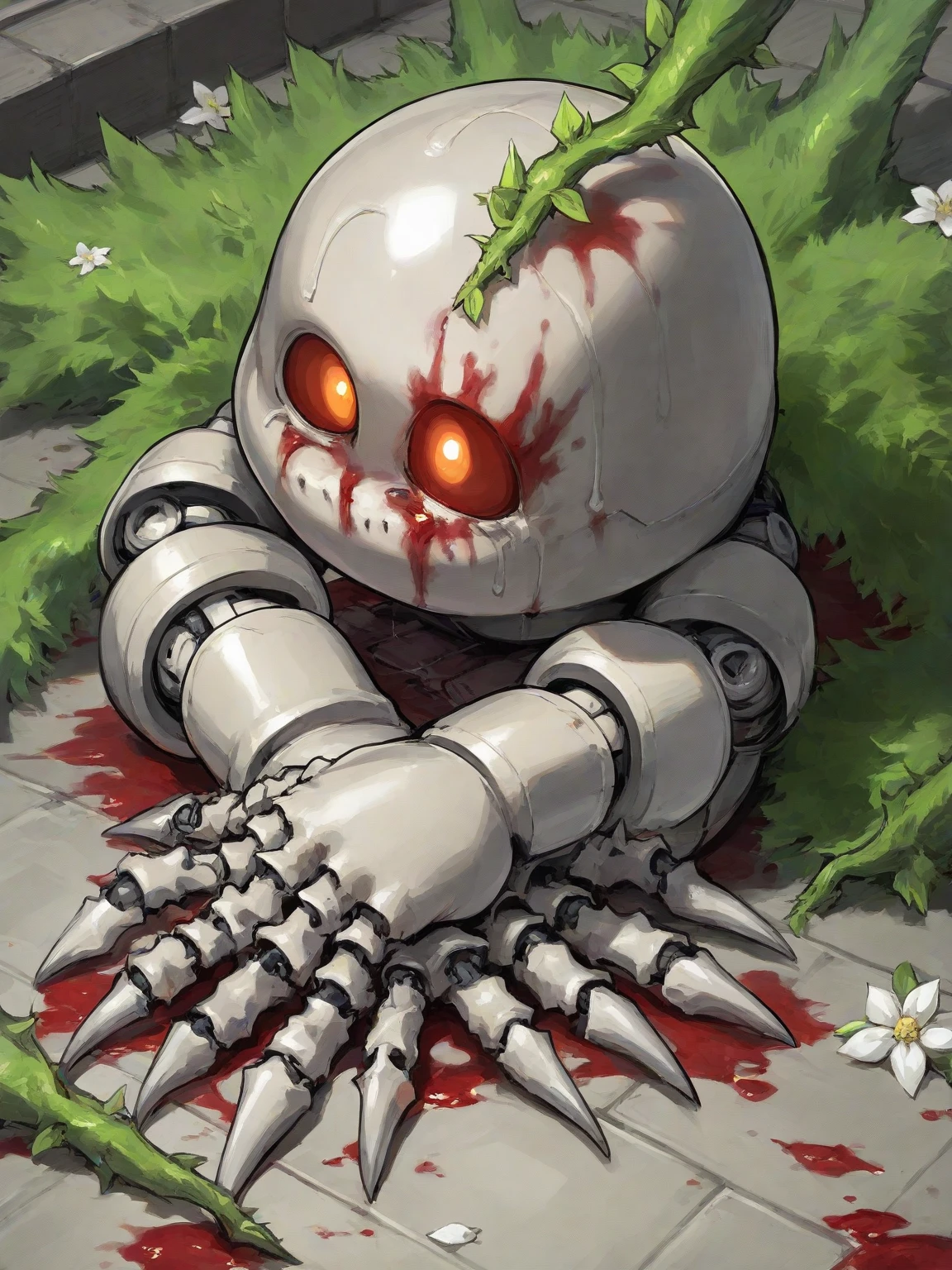 1boy,mutant flower, White hair, blood tears, dark circles under eyes, cursed,(blood cover, chains), scar cover, (high resolution, high detail, best quality), pain, scream