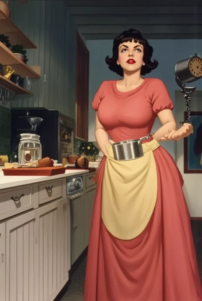 mature woman, retro, warm retro colors, wearing dress and apron standing in kitchen, large breasts, black hair, updo, makeup, looking down at viewer, from below, extremely low angle,incase