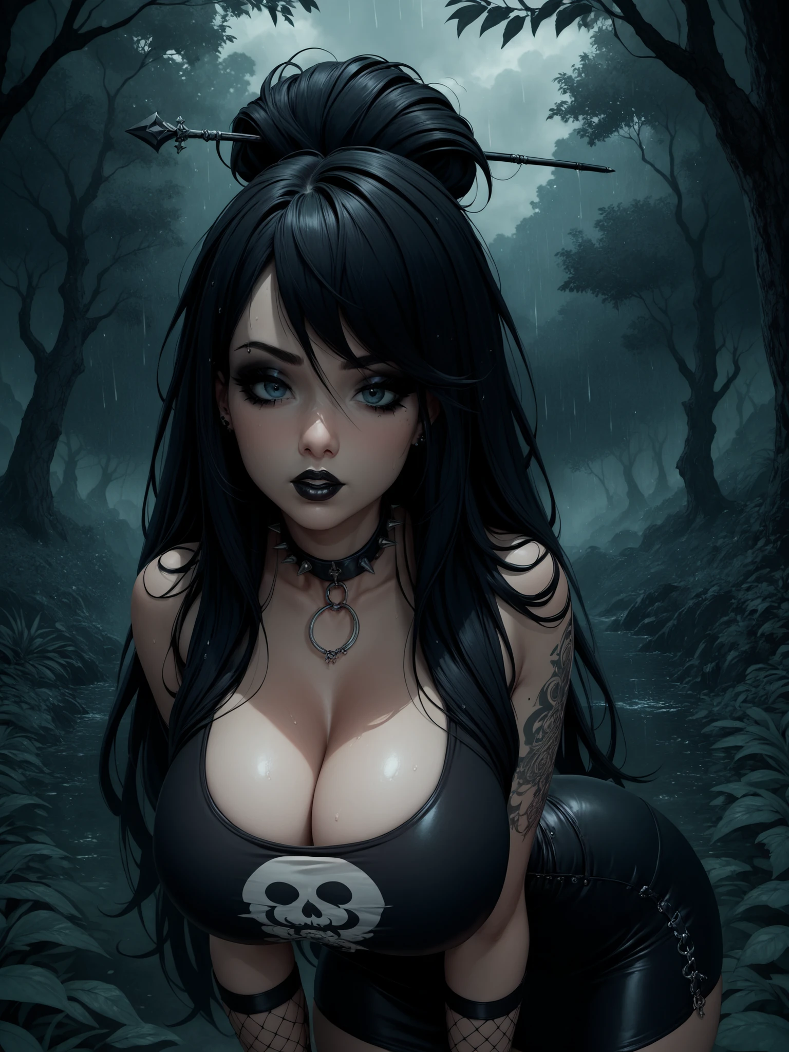best quality, extreme detail, young woman stands alone in the middle of the forest, it is raining heavily, emo, goth girl, young woman poses sexy, (upper body bent forward), (bottom stretched out), black make-up, black lipstick, black wild long hair, hair sticks wetly to her body, sweet face, wild look, extremely large breasts, (F90), (wide hips), young woman is slim, young woman looks at the viewer, young woman wearing a tight black goth girl dress, gloomy, cloudy weather,