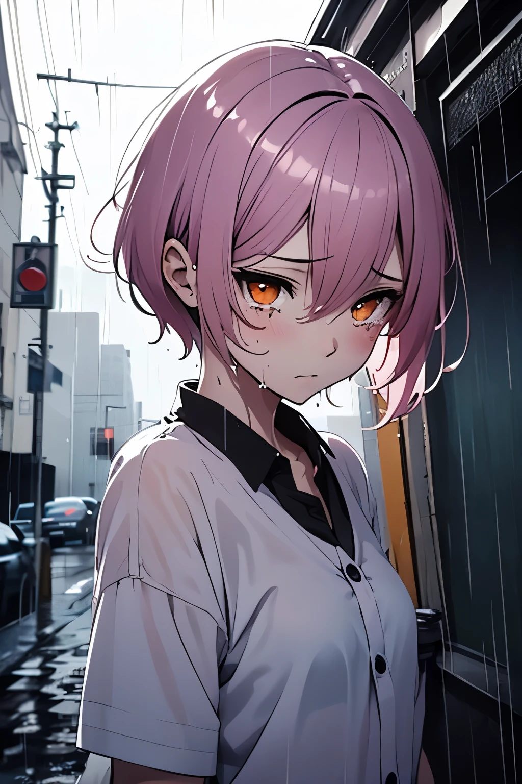 one woman、pink hair、short hair、Orange Eyes、sheds tears、wet hair、Monochrome crossing、it's raining、depressing atmosphere、anime style、top quality。