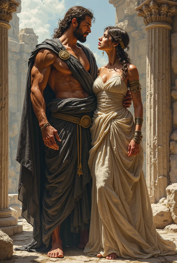 {{masterpiece, Best Quality, oil painting, by Franz von Stuck, male focus, Muted colors}}, The composition is: (((a dramatic half-length portrait of two ancient Roman soldiers, sexy, muscular, Magnificent, He was wearing a beige fur Russian hat.., She wears a red diamond-shaped pendant.))). ((((He wears a dark green lorica armor made of velvet.., crocodile skin, With elements inspired by Ronin, Elements of Slavic inspiration, She wore a satin sash))).