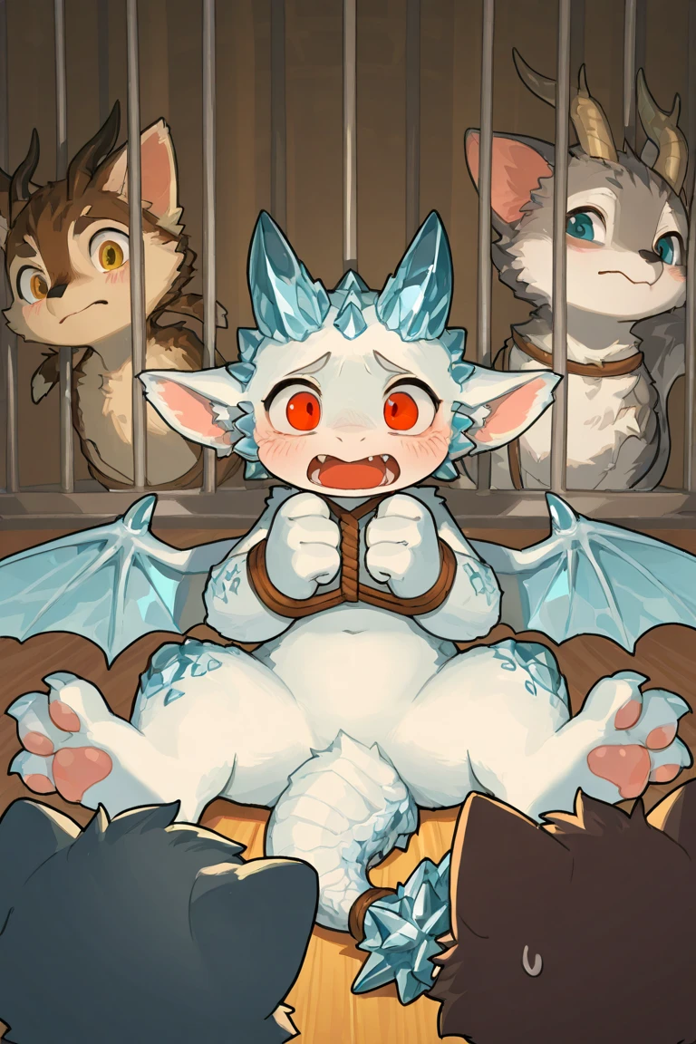 ultra-detailed, masterpiece, masterwork, high quality, best quality, hdr, (prison), posted on e621, (by hioshiru), nsfw, male, solo, (white little body dragon), hairy dragon, (long silver hair, yellow eyes, white chubby body), lying, sitting, from below, dynamic angle, (nude, foreskin, perfect balls, restrained, shackles), (fucked silly, vulgarity, cum in mouth, cum in anal, cum on body, excessive cum, pojecile cum, creampie, bukkake, cumdump), drooling