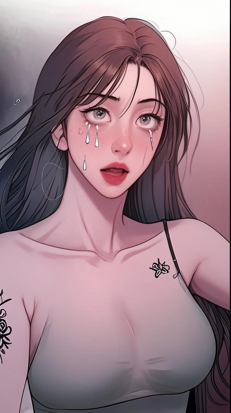 absurderes、masterpiece、top-quality、realisitic、Hyper-detailing、(skin gloss、Sweatiness:1.4)、(((Angle from directly above)))、(One Woman、独奏、Wet long hair、Detailed body、A detailed face)、(Upper body naked、Panties underneath)、(Thigh:0.5)、动态照明、hight resolution、foco nítido、depth of fields、((small tits、very slender body、thin neck、skinny thigh)),((Sit with your knees bent、I am holding a transparent male organ in my hand and sucking it)),(open open mouth、Stick out your tongue、red blush、A wistful look、Staring at the viewer)、((Half body shot,POV、up of face))、(inside in room、Background blur),