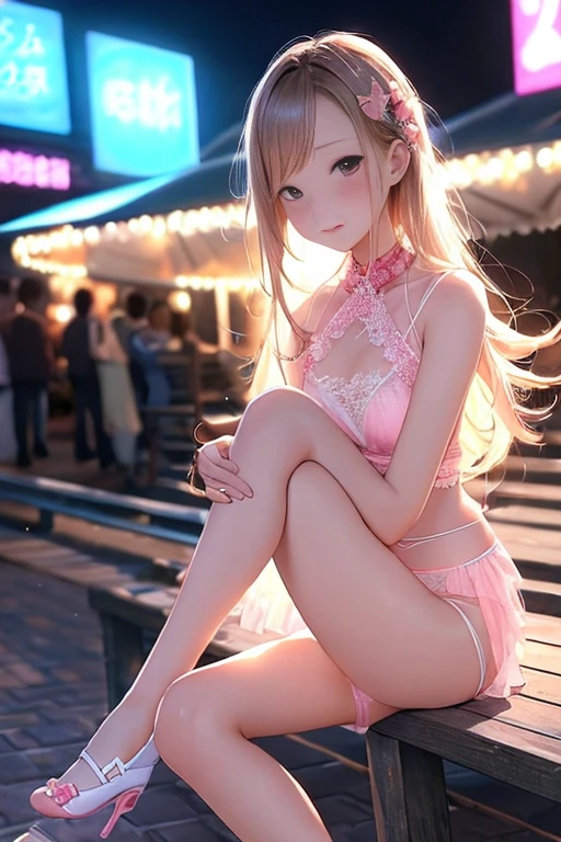 1girll,Light orange lace strapless dress, blond hairbl, sat on the ground, Wait for the bus, Bus stop, urban backdrop, perfect eyes, perfect hand, 超高分辨率, Movie Angle, Professional lighting, best qualtiy, tmasterpiece, Sideslit, Sharp, Perfect focus,Background bokeh,realisticlying,(Delicate eyes:1.3),realisticlying,(3D脸:1.1),(Glow skin:1.5),(Ultra-high resolution complex facial details),(Facial skin pores:1.3),Ultra-high ress fabric texture,8k eye details,8K pupils,