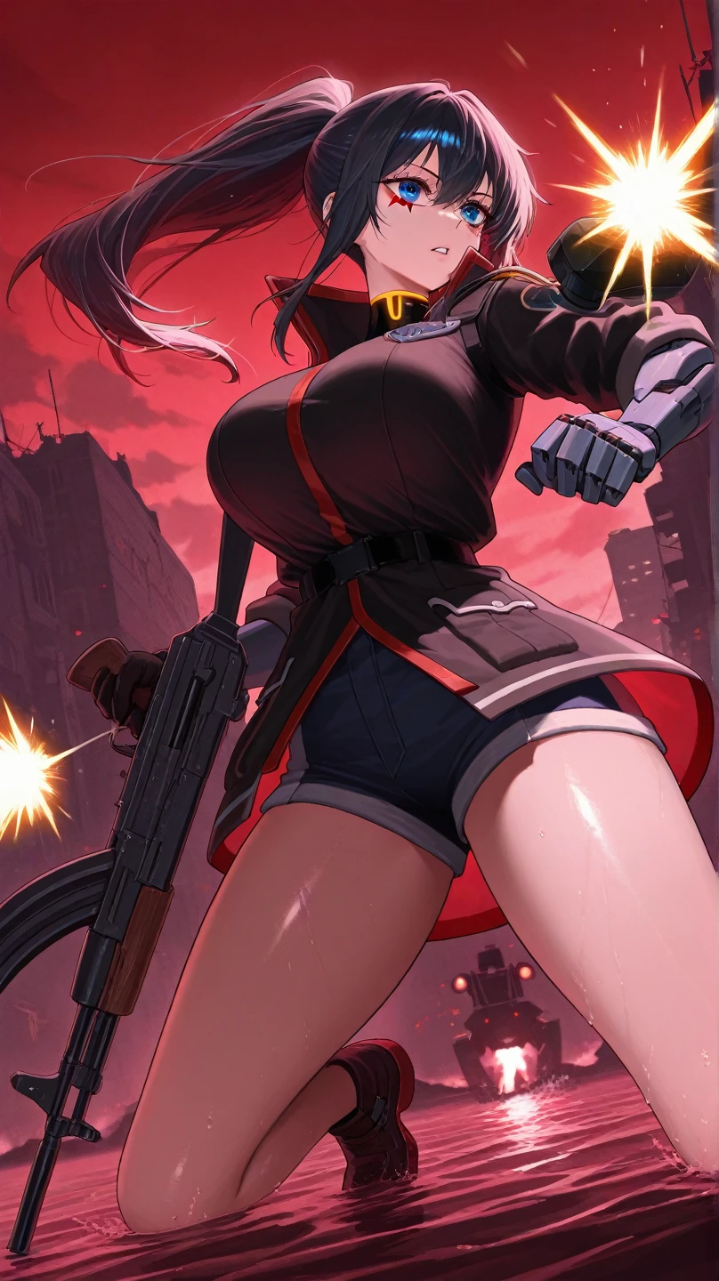 1girl,velmet,big breasts,muscualr female,holding knife,city,explosion, battlefield, masterpiece, best quality,eyepatch<lora:valmet:0.9>