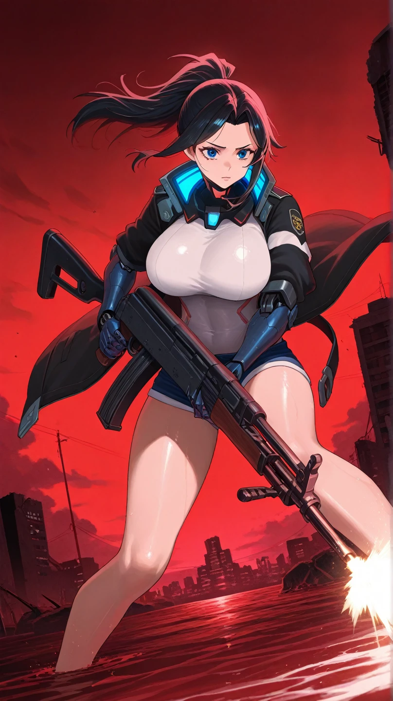 (masterpiece, best quality, high resolution,)a beautiful woman,((huge breasts)), very long straight black hair, green eyes, red lips, plug-in suit, full body black pilot suit, serious expression,, interface headphones, ,((white background,)), ((full body standing)),