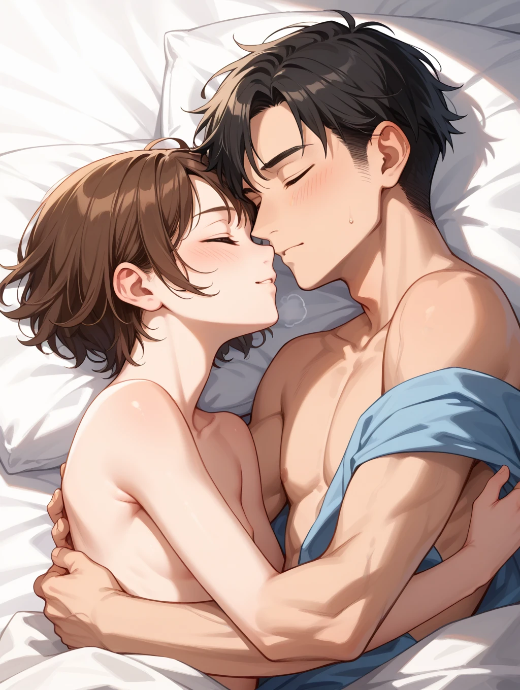 1male, 1girl,face to face,{{{{man face on her breast}}}},hug,kiss,1boy,black hair,dark skinned,middle aged man,1girl,Nude,Red eyes,Long twin tails,Brown Hair,Eyebrows visible through hair,Flat Chest,