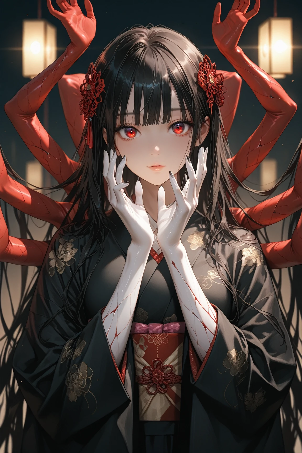 Anime girl with long black hair and red eyes surrounded by a mask, Anime Moe Art Style, From the Azur Lane video game, Artistic rendering of Reimu Hakurei, onmyoji portrait, Anime Style 4k, Ayaka Genshin Impact, Shalltear Bloodfallen, Nightcore, yandere intricate, Devil Anime Girl, Reimu Hakurei