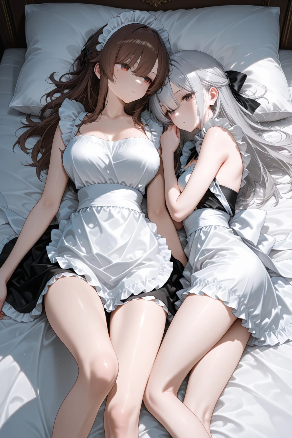 (Best quality, 8k, 32k, Masterpiece, UHD,:1.2),RAW, 2girls,ultra cute , natural lighting,transparent shining eyes, 20yo,medium breast ,fair complexion ,long White hair, flushed face, maid Costume, lying, From Below Closeup shot, (ecstasy:0.8) ,(slut:0.8), (vulgarity:0.8), (fucked silly:0.8),(steam:0.8),(trembling:1.3)),(tears:0.7) , Happily, blush,at night, hotel, Dynamic angle, hug, nsfw,