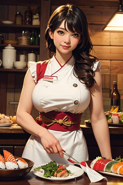 (photo realistic:1.4), (hyper realistic:1.4), (realistic:1.3), (smoother lighting:1.05), (increase cinematic lighting quality:0.9),vulgar,japanese 15-year-old Fast food slutty female waitresses.Sweaty skin,cramped Red and white Very short apron,((sideboob)),red necktie,yellow Sun Visor Cap,smile shyly,huge breasts,steam,fast-food shop