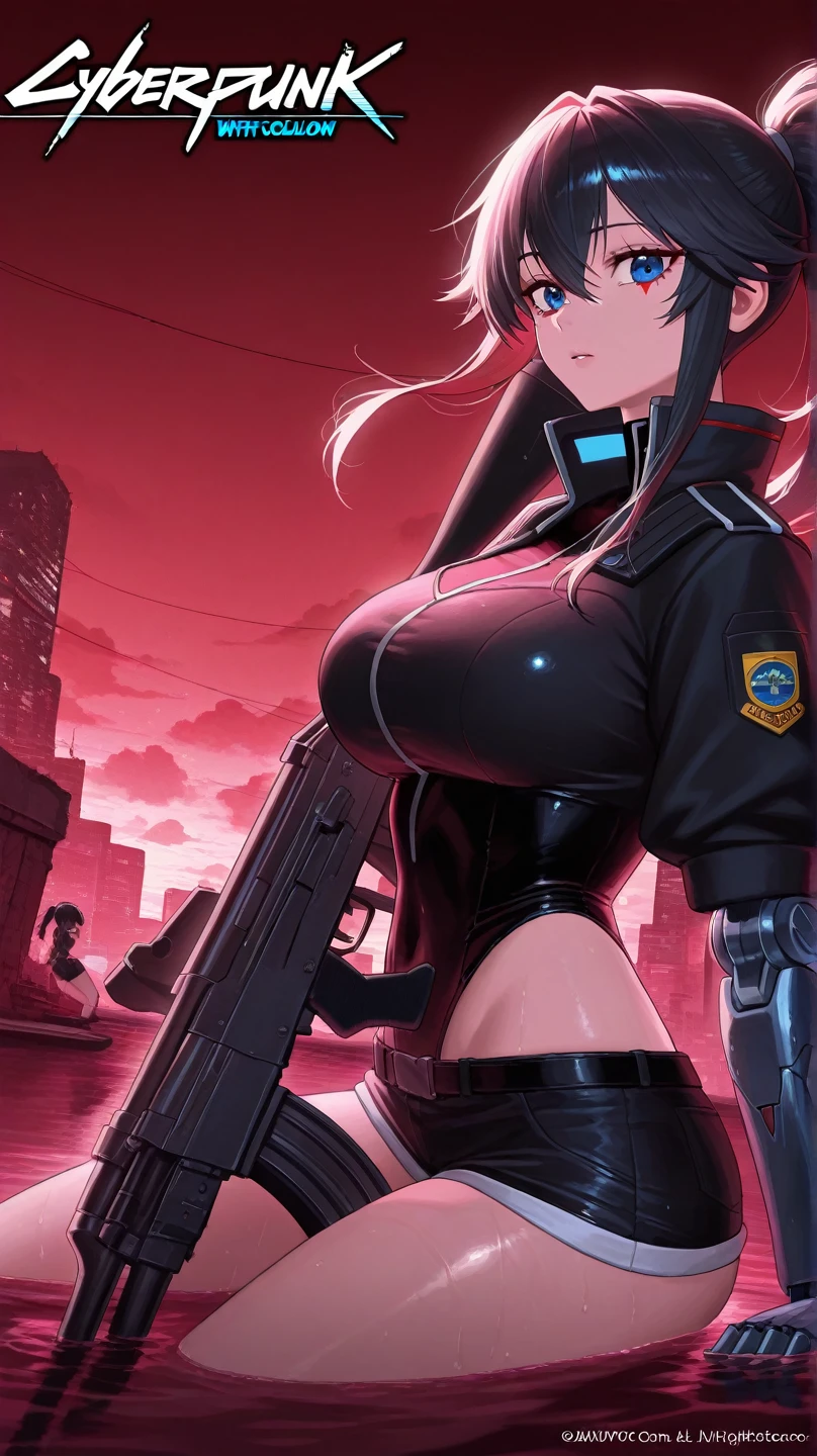 The ultimate masterpiece,in 8K,High quality,super precision,1girl in(Strange expression),Big Assault Rifle,tits out,bomber jacket,tight skirts,battleing,nightcity(cyberpunked),dazzling neon light,Blood splatters,Luxury,