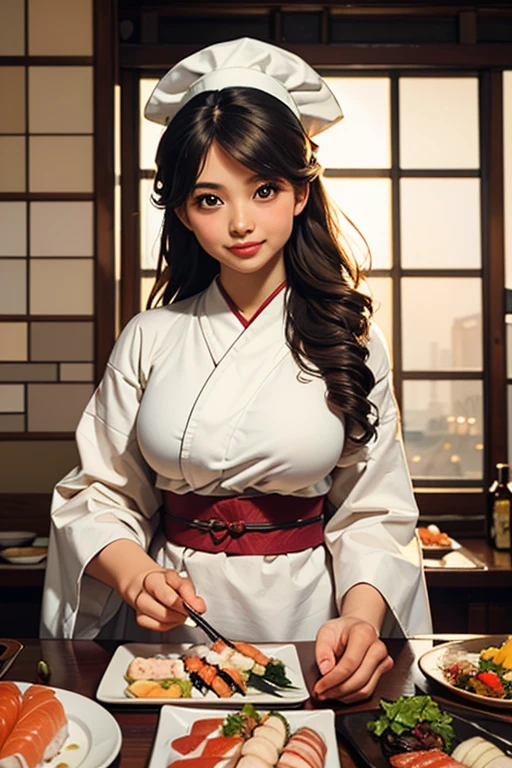 "The highest quality in 8k, RAW photos, hyper-realistic and photorealistic, a beautiful Japanese chef with flowing hair, silky skin, large breasts, fleshy lips, wearing a sexy pink white low-cut kimono apron, is smiling and preparing sushi and poses for the photo in a kitchen. ((details in the surroundings and in the background with spices on shelves, traditional Japanese environment, volumetric lighting, sharp focus)" (en)