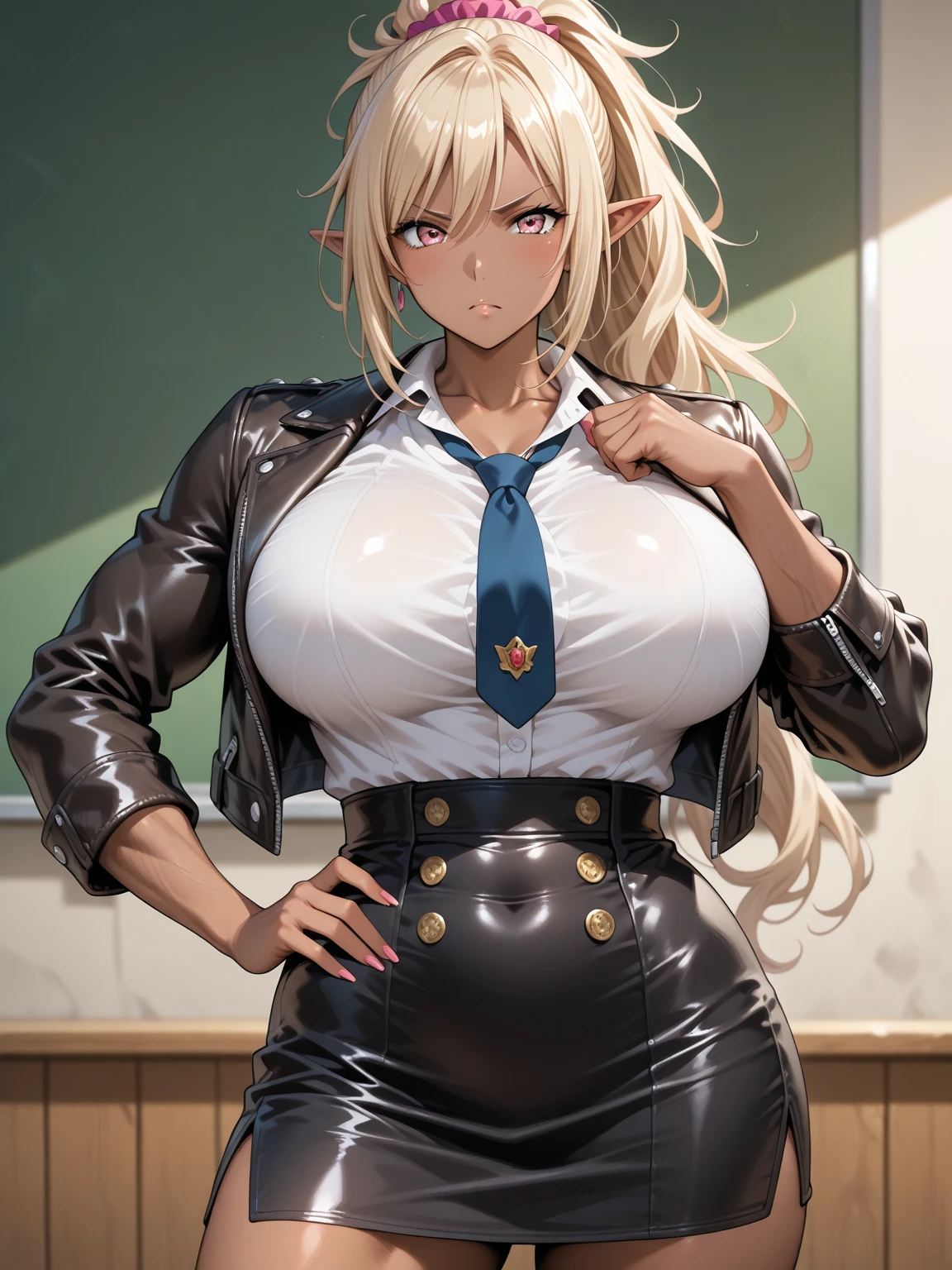 ((in the style of A-1 pictures, anime screencap)) sniper wolf bright blue eyes, solo, bossy expression, smoking a cigarette ,  long hair, blush, lipstick, jewelry, earrings, Hot girl, baddie, mean girl, sensual, attractive, masterpiece, best quality, highly detailed, a anime girls in sailor uniforms with a gun posing for a picture,
evil smile, smile, open mouth,black_serafuku, ecchi anime style, anime girls , (nsfw) not safe for work,
ecchi style, ecchi, shipgirls, digital anime art!!, high school girls, holding a gun, hold a gun, anime style 4
k, micro skirt, exposed belly, exposed navel, exposed midriff, holding pistol,underboob,
exposed lower belly,school, classroom, 